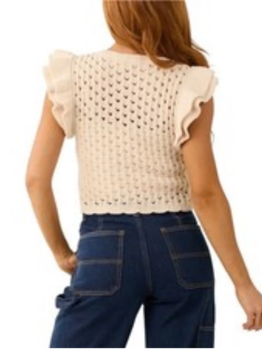 Zara Cream Knit Ruffle-Sleeve Crop Top